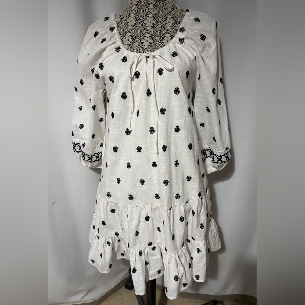 NWT Koko + Mason Black White Peasant Dress Tiered Mini Tunic A Line Size Small